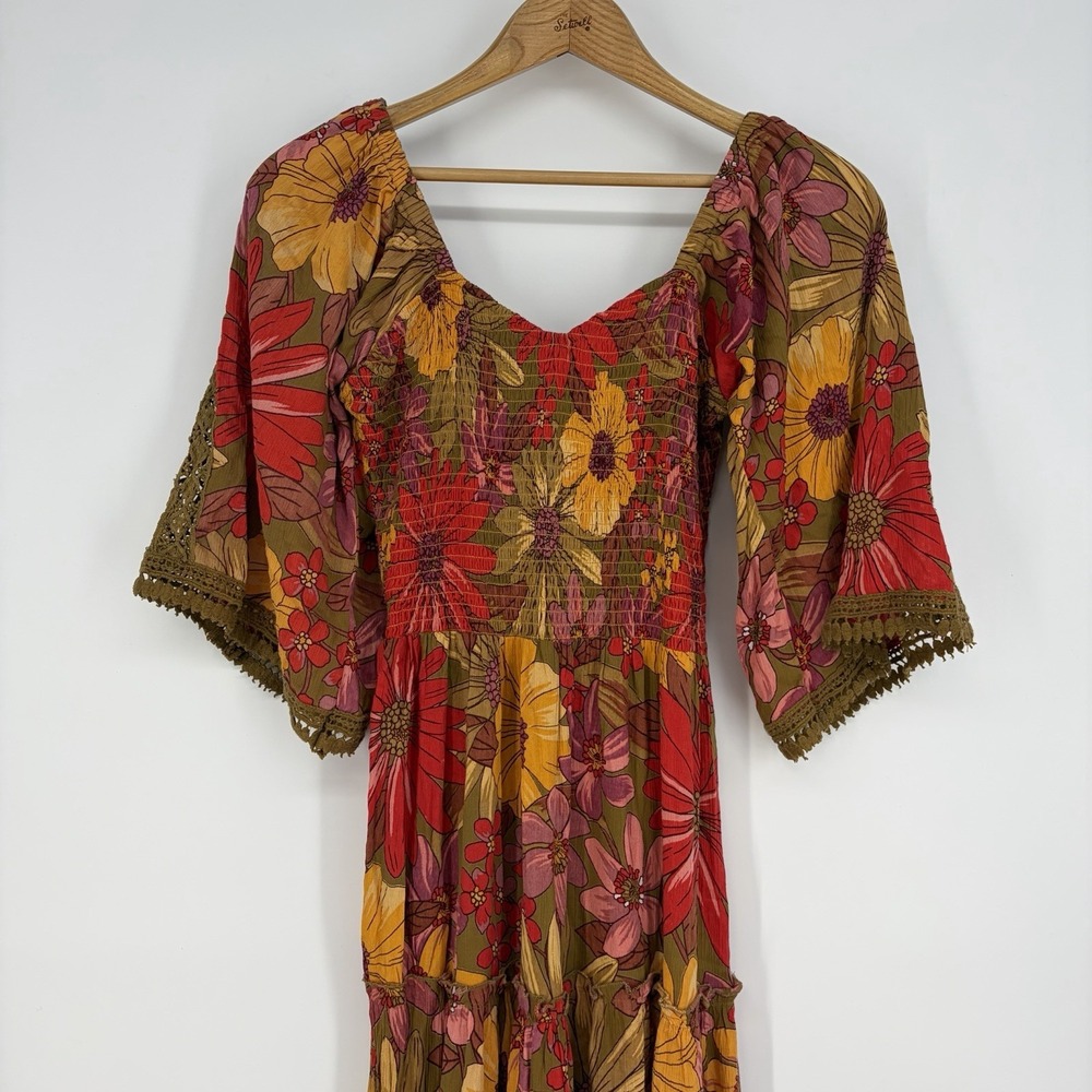 Angie Boho Maxi Dress S Floral Peasant Smocked Crochet Tiered Hippie Boho Summer
